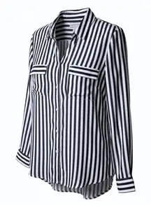 Coastal Striped Button Down Shirt M Soft Rayon Navy White Nautical Cruise Resort