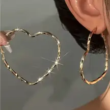 Gold Heart Shaped Twisted Hoop Earrings Lightweight Statement Hoops NWT