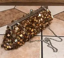 Vintage Y2K gold sequin beaded clutch cocktail purse evening bag with chain