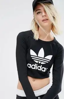 Adidas Black & White Trefoil Logo Long Sleeve Crop Top Size Medium