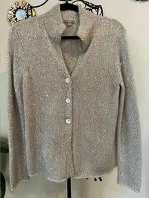 J. Jill Gold Sequin Knit Cardigan Sweater Size Medium Mother of Pearl Button