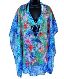 2 Piece BLEU ROD BEATTIE Tropical Flight Chiffon Cover-Up Caftan and Bikini Top