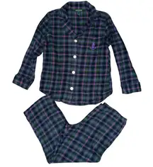 Ralph Lauren Women’s Size M Purple Green Plaid 2 Piece Logo Crest Pocket Pajamas