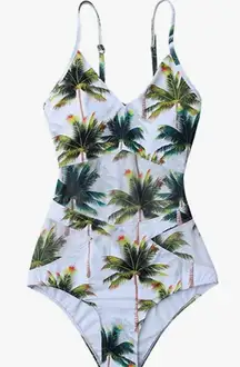 Womens Sexy V Neck Backless One Piece Coconut Palm Tree Print Swimsuit