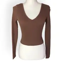 Forever 21 Brown Ribbed V-neck Long Sleeve Cropped Top