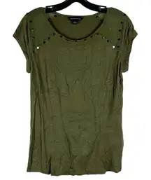 Rock & Republic Women's Olive Green T-shirt Studded Details Sheer Shoulders Medi