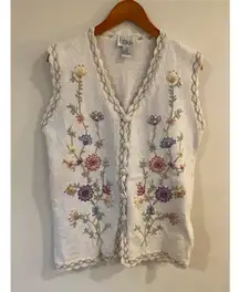 Vintage Erika Cottagecore Floral Embroidered Beaded Knit Vest Cream Medium