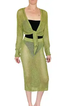 Future Collective Green Mesh Lamé Skirt Sweater Cardigan Set