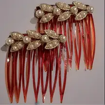 Fabulous Ben-Hur Vintage Gold Plated Faux Pearl Hair comb Pair Victorian Bridal