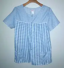Tati Fashion  M Blue Checked Snap Front Short Sleeved Pocketed House Coat
