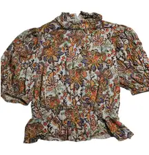 TAHARI Floral Print Mock Neck Puff Sleeve Peplum Blouse M M