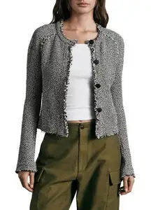 RAG & BONE Tweed Cotton Knit Button-up Jacket In Black Multi Size 8