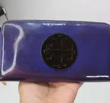 Tory Burch Patent Leather Zip Around Continental Logo Wallet Purple Black