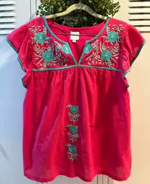 J. Marie embroidered Zuri top in dark pink with turquoise embroidery Sz M