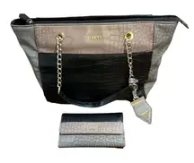 Guess Shoulder Tote Bag & Wallet Set Color Block Croc Print Chain Accent Black​​