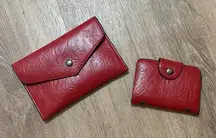Red Textured Faux Leather Snap Closure Wallet and Card Holder, Two Piece Set, OS