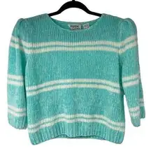 Vintage Turquoise White Stripes Soft Chenille Sweater with Shoulder Pads