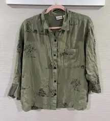 Chico’s 100% Linen Safari Monkey Print Button-Front Blouse‎ Army Green Size 2