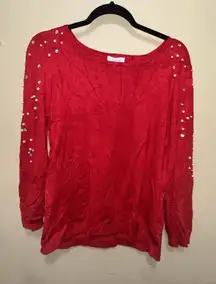 Calvin Klein‎ women's sweater red embellished Pearl size Large rayon pull over