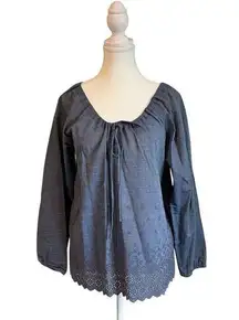 J. Crew Peasant Chambray Long Sleeves Eyelet Blouse Top Size 6 Long Sleeve