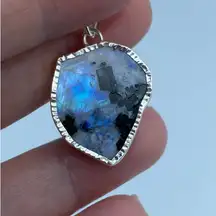 Black Tourmaline In Rainbow Moonstone Slice Sterling Silver Pendant