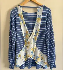 Boutique blue striped waffle knit spring floral open back long sleeve top