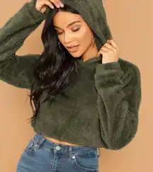 Drop Shoulder Fuzzy Crop Hoodie