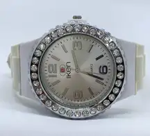 Iken Quartz analog 41 mm white case size  watch rhinestones bezel w/battery