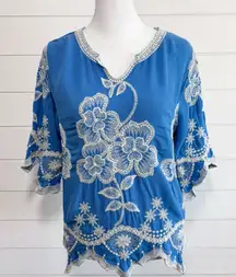 Solitaire Blue Ivory Floral Embroidered Top 3/4 sleeves‎ Size M