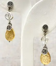 Dangle Drop Gold Tone & Silver Tone Hammered Teardrop Faceted Crystal Earrings