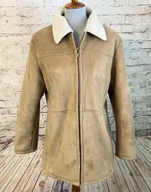 Shaver Lake Sherpa Lined Faux Suede Full Zip Jacket Tan Exposed Seams Medium
