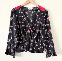 Tanya Taylor Silk Long Sleeve Wrap Blouse in Black and Red Floral Size 12