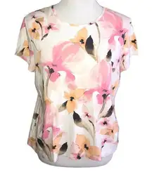 GORGEOUS PINK MULTICOLOR FLORAL DESIGN SHORT SLEEVE PULLOVER