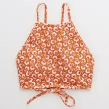 Aerie Size Medium Bikini Top High Neck Ditzy Floral Burnt Orange Pink Tie Swim