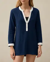 Madison Mathews 100% Linen Navy White Trim Tunic Top Beach Cover Up Size Small