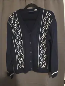 Liz Claiborne Lizsport Knit Button Up Sweater, Navy Blue White Cardigan Pullover