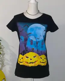 Black and blue BOO Halloween pumpkin and bats graphic tee