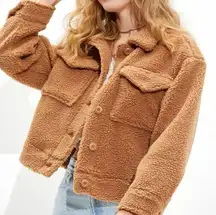 American Eagle  Cropped sherpa teddy jacket Shacket Oversized Camel brown Sz XXS