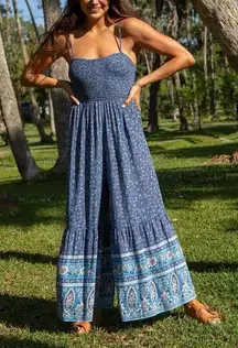 Layla Wide Leg Smocked Jumpsuit Blue Floral Size M