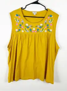 J. CREW Factory 100% Cotton Gold Sleeveless Embroidered Floral Tee, Size 3X