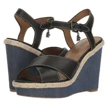 Coach Eaton Black Leather Denim Wedge Sandals Size 8.5