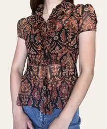 Y2k vintage silk paisley sheer button up collared ruffled top blouse orange brown black retro Etcetera XS