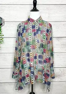 Retro Vintage 90’s Colorful Pattern Semi Sheer Button Up Shirt Size Medium