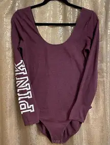 PINK Victorias Secret Maroon white Logo Long Sleeve Bodysuit, Medium