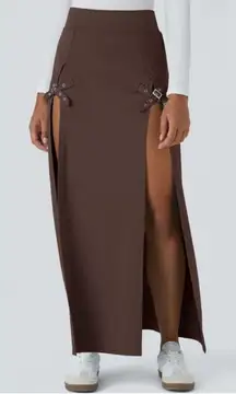 NWT HALARA Brown Maxi buckle Skirt- Side Slits. Stretchy size S. Original bag