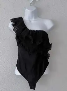 Anthropologie Black One Shoulder Ruffled Thong Bodysuit Size X-Small