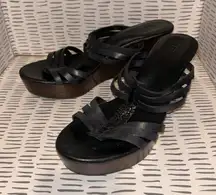 UGG Mattie Black Leather Strappy Wedge Sandals Stacked 3" Inch Heel Platform 10