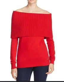Kenneth Cole Red Off The Shoulder Knit Long Sleeve Wool Blend Sweater S