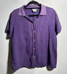 VTG Marc Ware Purple Gingham Check Plaid Linen Bld Short Sleeve Button Up Top S