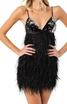 KikiRiki Ostritch Feather Sparkle Mini Dress Black Size Medium NWT